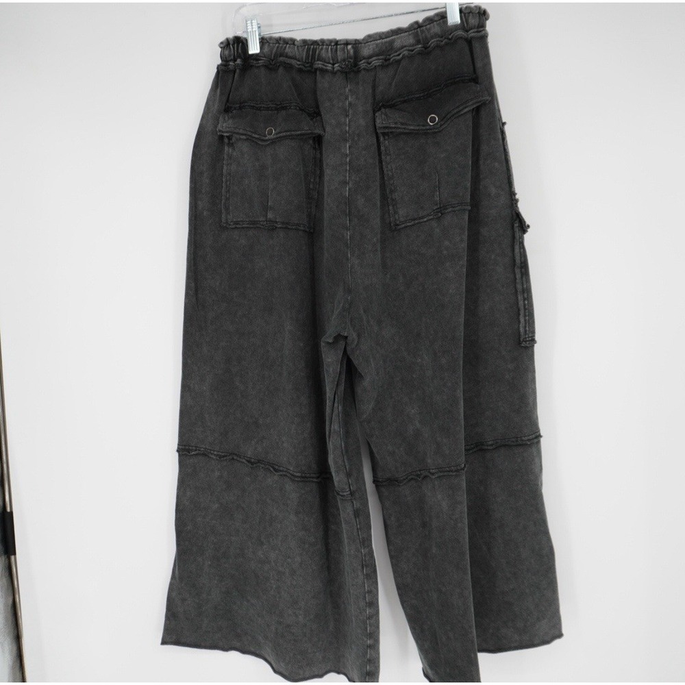 Easel Womens Utility Mineral Washed Wide Leg Terry Knit Cargo Pant Black Large - Picture 13 of 15